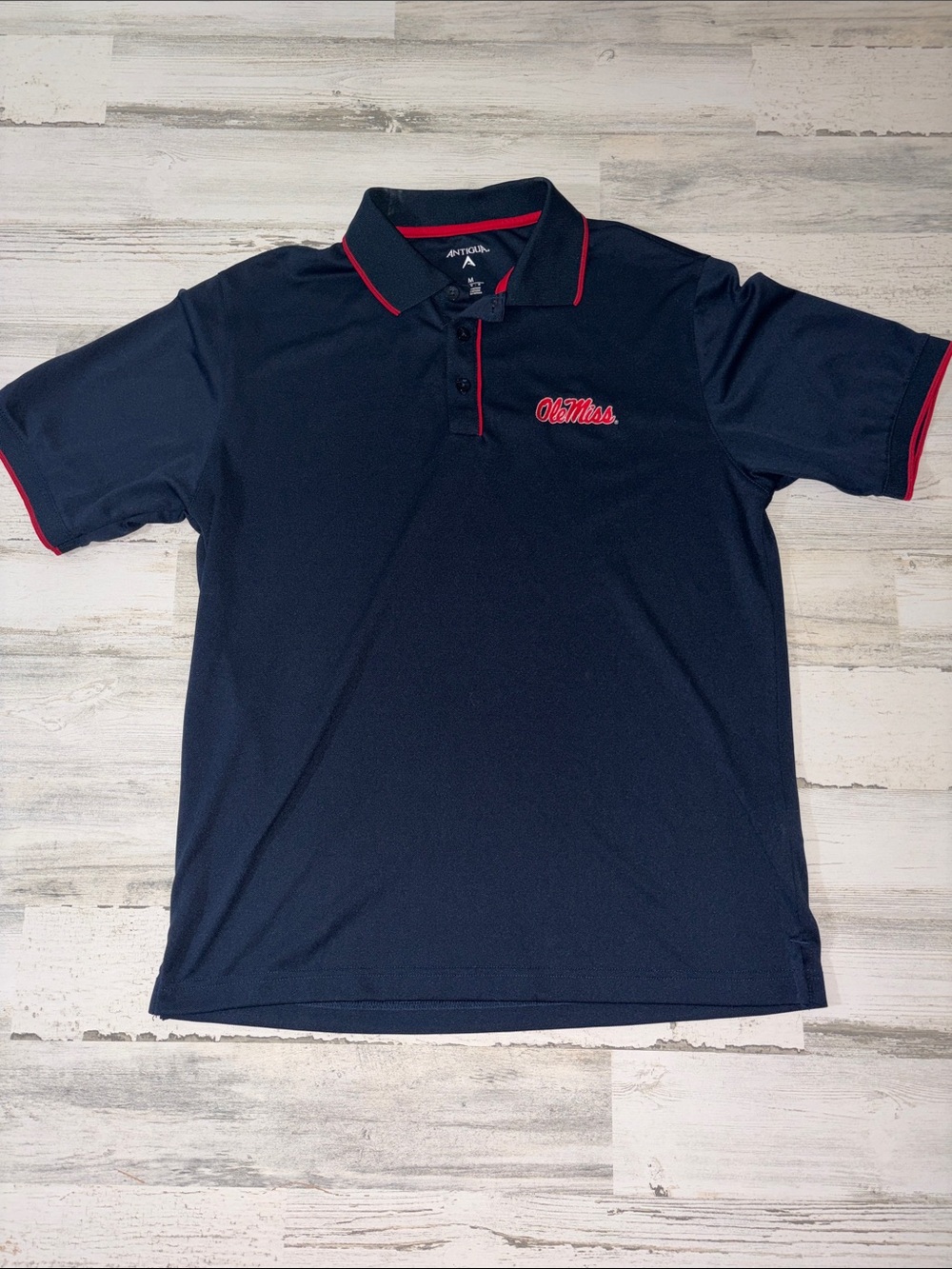 Antigua Ole Miss Navy Polo with Red Trim and Ole Miss Script Size M